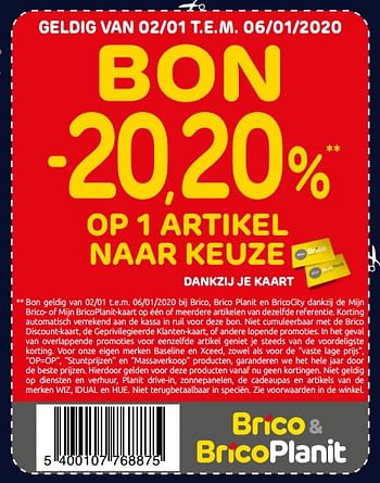 Promoties Bon -20,20% op 1 artikel naar keuze - Huismerk - Brico - Geldig van 02/01/2020 tot 06/01/2020 bij Brico