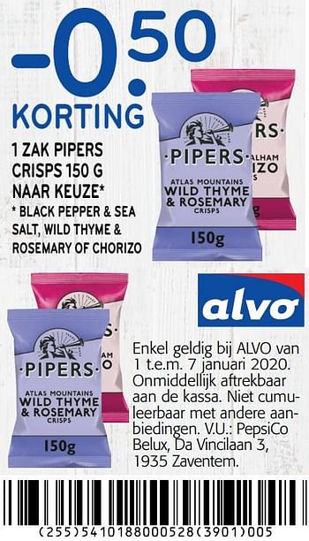 Promoties -0. 50 korting 1 zak pipers crisps - Huismerk - Alvo - Geldig van 01/01/2020 tot 14/01/2020 bij Alvo
