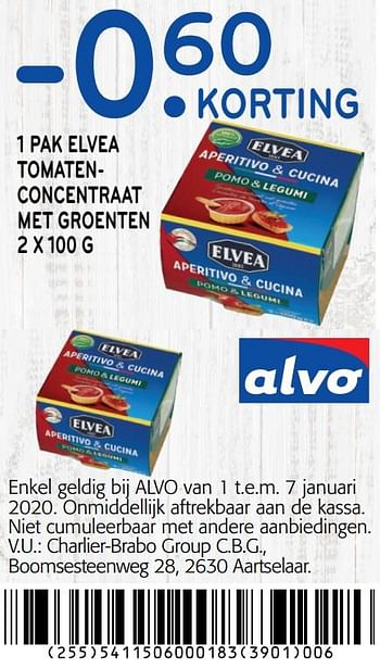 Promotions -0. 60 korting pak elvea tomatenconcentraat met groenten - Elvea - Valide de 01/01/2020 à 14/01/2020 chez Alvo