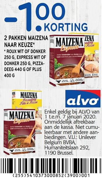 Promoties -1. 00 korting 2 pakken maizena - Maizena  - Geldig van 01/01/2020 tot 14/01/2020 bij Alvo