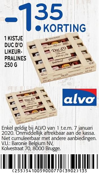 Promoties -1. 35 korting 1 kistje duc d`o likeurpralines - Huismerk - Alvo - Geldig van 01/01/2020 tot 14/01/2020 bij Alvo