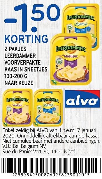 Promotions -1. 50 korting 2 pakjes leerdammer voorverpakte kaas in sneetjes - Leerdammer - Valide de 01/01/2020 à 14/01/2020 chez Alvo