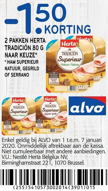 Promoties -1. 50 korting 2 pakken herta tradici - Herta - Geldig van 01/01/2020 tot 14/01/2020 bij Alvo