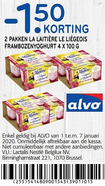 Promoties -1. 50 korting 2 pakken la laitière le liégeois frambozenyoghurt - Nestlé - Geldig van 01/01/2020 tot 14/01/2020 bij Alvo