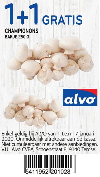Promoties 1+1 gratis champignons - Huismerk - Alvo - Geldig van 01/01/2020 tot 14/01/2020 bij Alvo