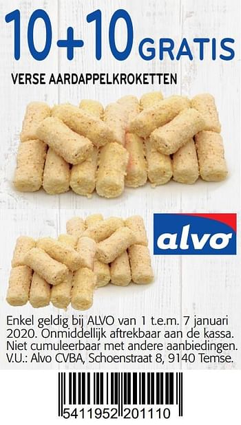 Promoties 10+10 gratis verse aardappelkroketten - Huismerk - Alvo - Geldig van 01/01/2020 tot 14/01/2020 bij Alvo