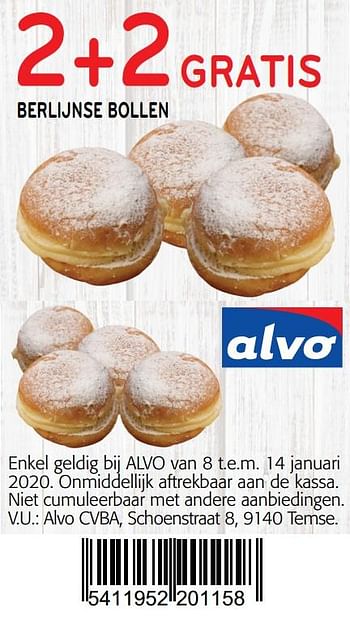 Promoties 2+2 gratis berlijnse bollen - Huismerk - Alvo - Geldig van 01/01/2020 tot 14/01/2020 bij Alvo