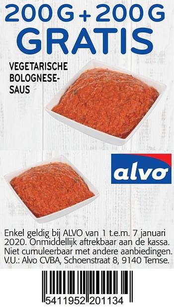 Promoties 200g+200g gratis vegetarische bolognesesaus - Huismerk - Alvo - Geldig van 01/01/2020 tot 14/01/2020 bij Alvo