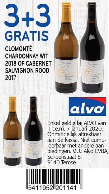Promoties 3+3 gratis clomonté chardonnay wit 2018 of cabernet sauvignon rood 2017 - Rode wijnen - Geldig van 01/01/2020 tot 14/01/2020 bij Alvo