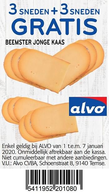 Promoties 3 sneden+3sneden gratis  beemster jonge kaas - Huismerk - Alvo - Geldig van 01/01/2020 tot 14/01/2020 bij Alvo