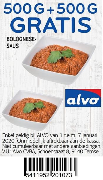 Promoties 500g+500g gratis bolognesesaus - Huismerk - Alvo - Geldig van 01/01/2020 tot 14/01/2020 bij Alvo