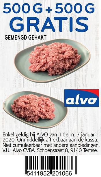 Promoties 500g+500g gratis gemengd gehakt - Huismerk - Alvo - Geldig van 01/01/2020 tot 14/01/2020 bij Alvo