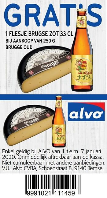 Promoties Gratis 1 flesje brugse zot 33 cl bij aankoop brugge oud - Brugge - Geldig van 01/01/2020 tot 14/01/2020 bij Alvo