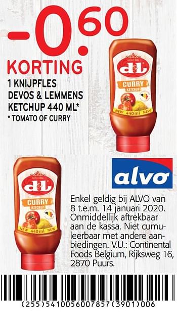 Promoties -0. 60 korting 1 knijpfles devos + lemmens ketchup - Devos Lemmens - Geldig van 01/01/2020 tot 14/01/2020 bij Alvo