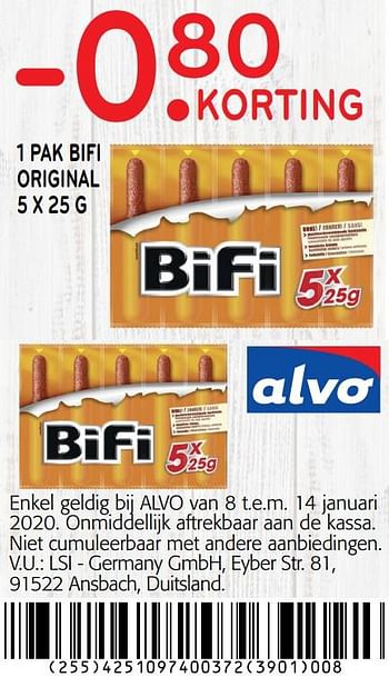 Promoties -0. 80 korting 1 pak bifi original - Bifi - Geldig van 01/01/2020 tot 14/01/2020 bij Alvo