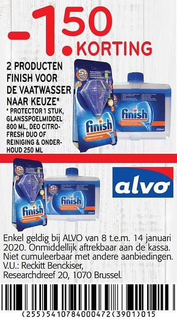Promoties -1. 50 korting 2 producten finish voor de vaatwasser - Finish - Geldig van 01/01/2020 tot 14/01/2020 bij Alvo