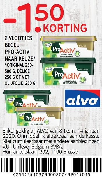Promoties -1. 50 korting 2 vlootjes becel pro-activ - Becel - Geldig van 01/01/2020 tot 14/01/2020 bij Alvo