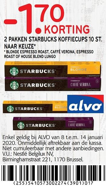 Promoties -1. 70 korting 2 pakken starbucks koffiecups 10 st - Starbucks - Geldig van 01/01/2020 tot 14/01/2020 bij Alvo