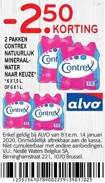 Promoties -2. 50 korting 2 pakken contrex natuurlijk mineraalwater - Contrex - Geldig van 01/01/2020 tot 14/01/2020 bij Alvo