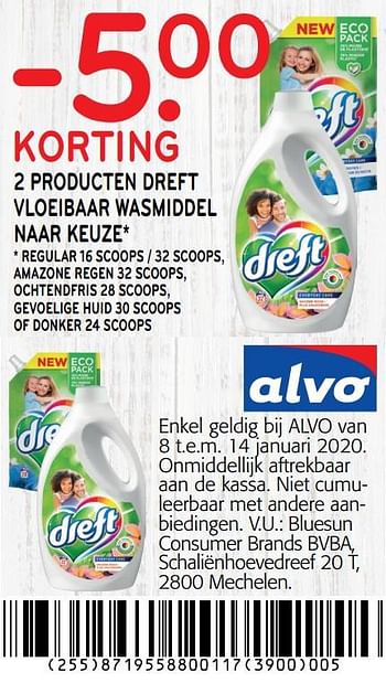Promoties -5. 00 korting 2 producten dreft vloeibaar wasmiddel - Dreft - Geldig van 01/01/2020 tot 14/01/2020 bij Alvo
