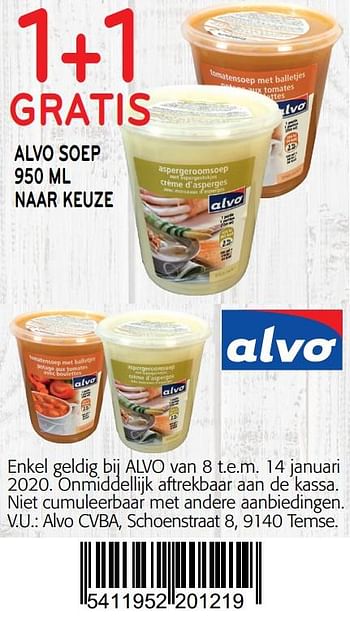 Promoties 1+1 gratis alvo soep - Huismerk - Alvo - Geldig van 01/01/2020 tot 14/01/2020 bij Alvo