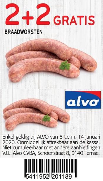 Promoties 2+2 gratis braadworsten - Huismerk - Alvo - Geldig van 01/01/2020 tot 14/01/2020 bij Alvo