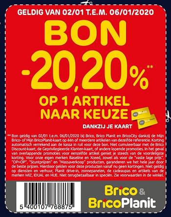 Promoties Bon -20,20% op 1 artikel naar keuze - Huismerk - BricoPlanit - Geldig van 02/01/2020 tot 06/01/2020 bij BricoPlanit