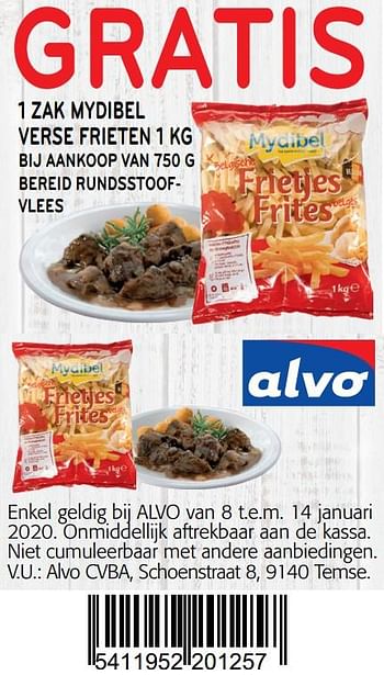 Promoties Gratis 1 zak mydibel verse frieten bij aankoop van 750 g bereid rundsstoofvlees - Mydibel - Geldig van 01/01/2020 tot 14/01/2020 bij Alvo