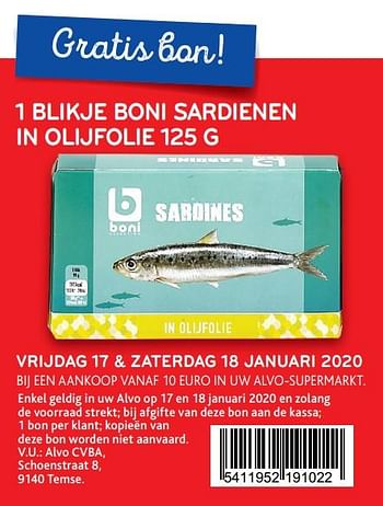 Promotions 1 blikje boni sardienen in olijfolie - Boni - Valide de 17/01/2020 à 18/01/2020 chez Alvo