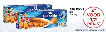 Promoties Fish sticks iglo 2e voor 1-2 prijs - Iglo - Geldig van 15/01/2020 tot 28/01/2020 bij Alvo