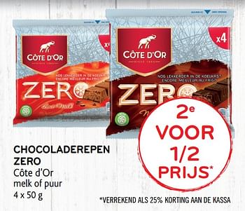Promoties Chocoladerepen zero côte d`or melk of puur 2e voor 1-2 prijs - Cote D'Or - Geldig van 15/01/2020 tot 28/01/2020 bij Alvo