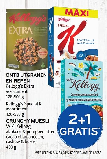 Promoties 2+1 gratis ontbijtgranen en repen kellogg`s extra - Kellogg's - Geldig van 15/01/2020 tot 28/01/2020 bij Alvo