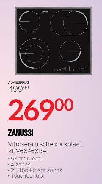 Promoties Zanussi vitrokeramische kookplaat zev6646xba - Zanussi - Geldig van 01/01/2020 tot 31/01/2020 bij ShopWillems