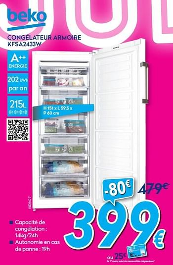 Promotions Beko congélateur armoire kfsa2433w - Beko - Valide de 03/01/2020 à 31/01/2020 chez Krefel