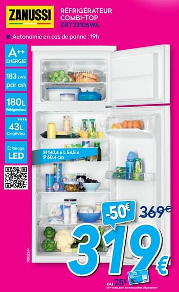 Promotions Zanussi réfrigérateur combi-top zrt23106wa - Zanussi - Valide de 03/01/2020 à 31/01/2020 chez Krefel