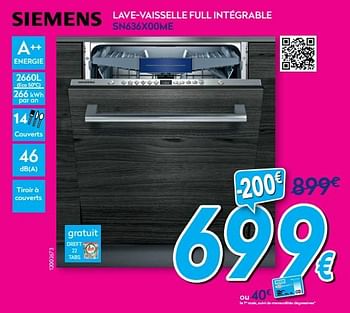 Promotions Siemens lave-vaisselle full intégrable sn636x00me - Siemens - Valide de 03/01/2020 à 31/01/2020 chez Krefel