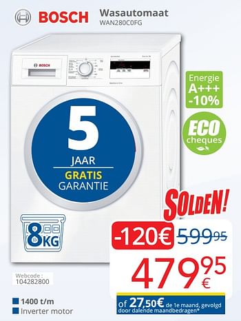 Promoties Bosch wasautomaat wan280c0fg - Bosch - Geldig van 03/01/2020 tot 31/01/2020 bij Eldi