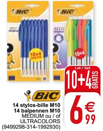Promoties 14 stylos-bille m10 14 balpennen m10 medium ou - of ultracolors - BIC - Geldig van 07/01/2020 tot 20/01/2020 bij Cora