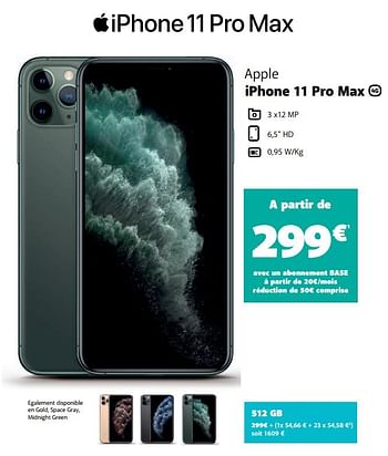 Promotions Apple iphone 11 pro max 512gb - Apple - Valide de 07/01/2020 à 13/02/2020 chez Base