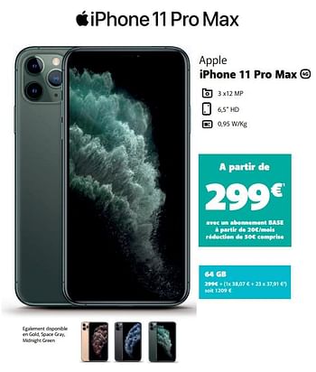 Promotions Apple iphone 11 pro max 64gb - Apple - Valide de 07/01/2020 à 13/02/2020 chez Base