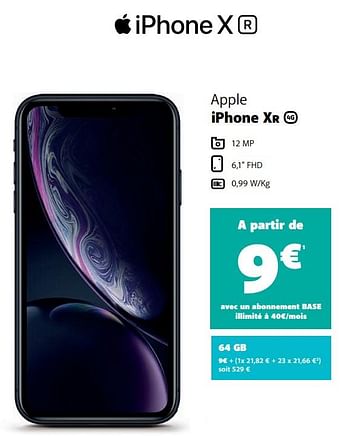 Promotions Apple iphone xr 64gb - Apple - Valide de 07/01/2020 à 13/02/2020 chez Base