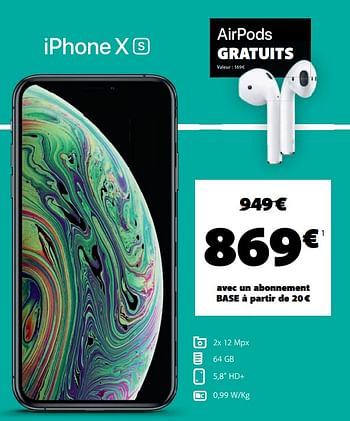 Promotions Apple iphone xs - Apple - Valide de 07/01/2020 à 13/02/2020 chez Base