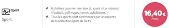Promotions Be sport - Produit Maison - Telenet - Valide de 05/01/2020 à 02/02/2020 chez Telenet