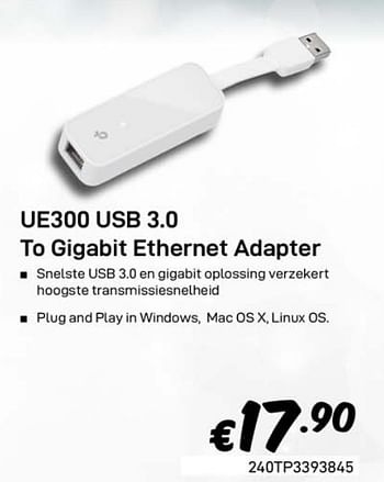 Promoties Ue300 usb 3.0 to gigabit ethernet adapter - TP-LINK - Geldig van 03/01/2020 tot 31/01/2020 bij Compudeals