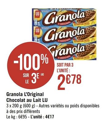 Promoties Granola l`original chocolat au lait lu - Lu - Geldig van 06/01/2020 tot 03/02/2020 bij Super Casino