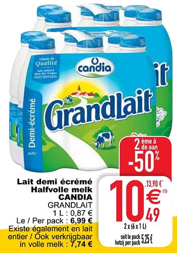 Promotions Lait demi écrémé halfvolle melk candia grandlait - CANDIA - Valide de 14/01/2020 à 20/01/2020 chez Cora