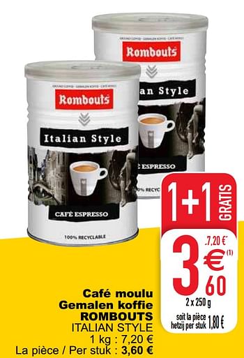 Promoties Café moulu gemalen koffie rombouts italian style - Rombouts - Geldig van 14/01/2020 tot 20/01/2020 bij Cora