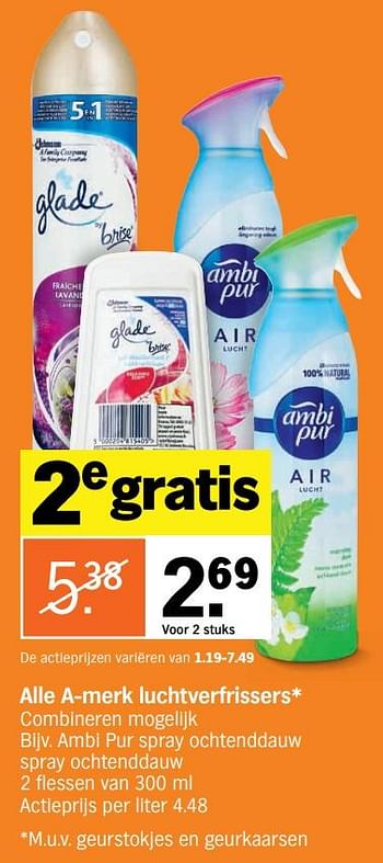 Promoties Alle a-merk luchtverfrissers ambi pur spray ochtenddauw spray ochtenddauw - Huismerk - Albert Heijn - Geldig van 13/01/2020 tot 19/01/2020 bij Albert Heijn