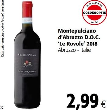 Promoties Montepulciano d`abruzzo d.o.c. le rovole 2018 abruzzo - italië - Rode wijnen - Geldig van 15/01/2020 tot 28/01/2020 bij Colruyt