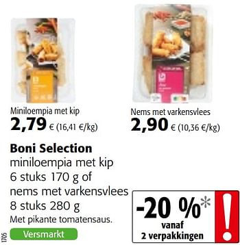 Promoties Boni selection miniloempia met kip of nems met varkensvlees - Boni - Geldig van 15/01/2020 tot 28/01/2020 bij Colruyt